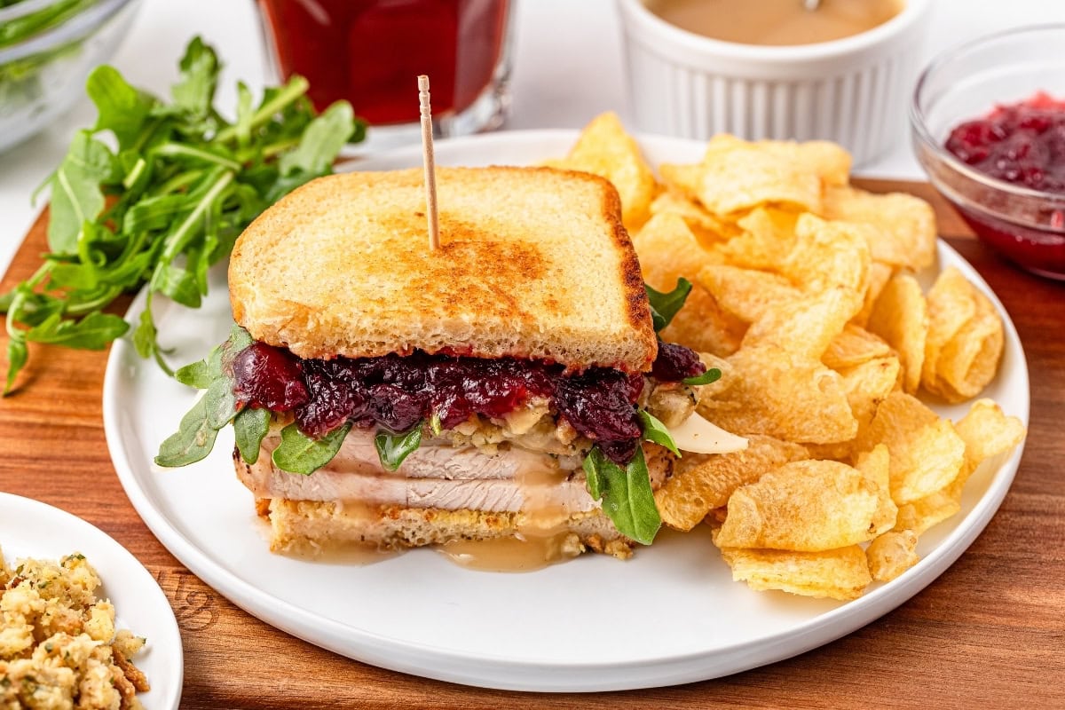 Turkey sandwich with cranberry sauce, chips, and greens on a white plate.