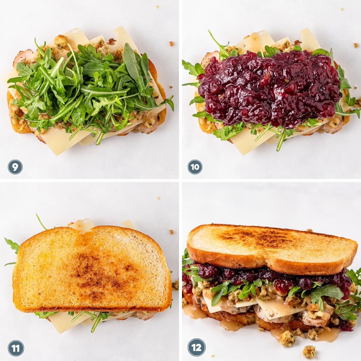 Four images showing steps to make a turkey and cranberry sandwich.