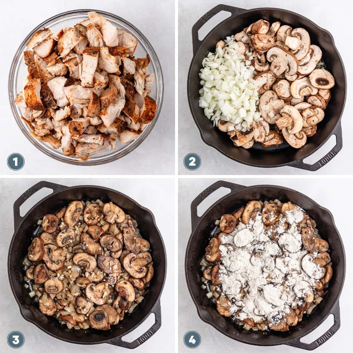 Cooking process of meat, onions, mushrooms, and flour in skillet.