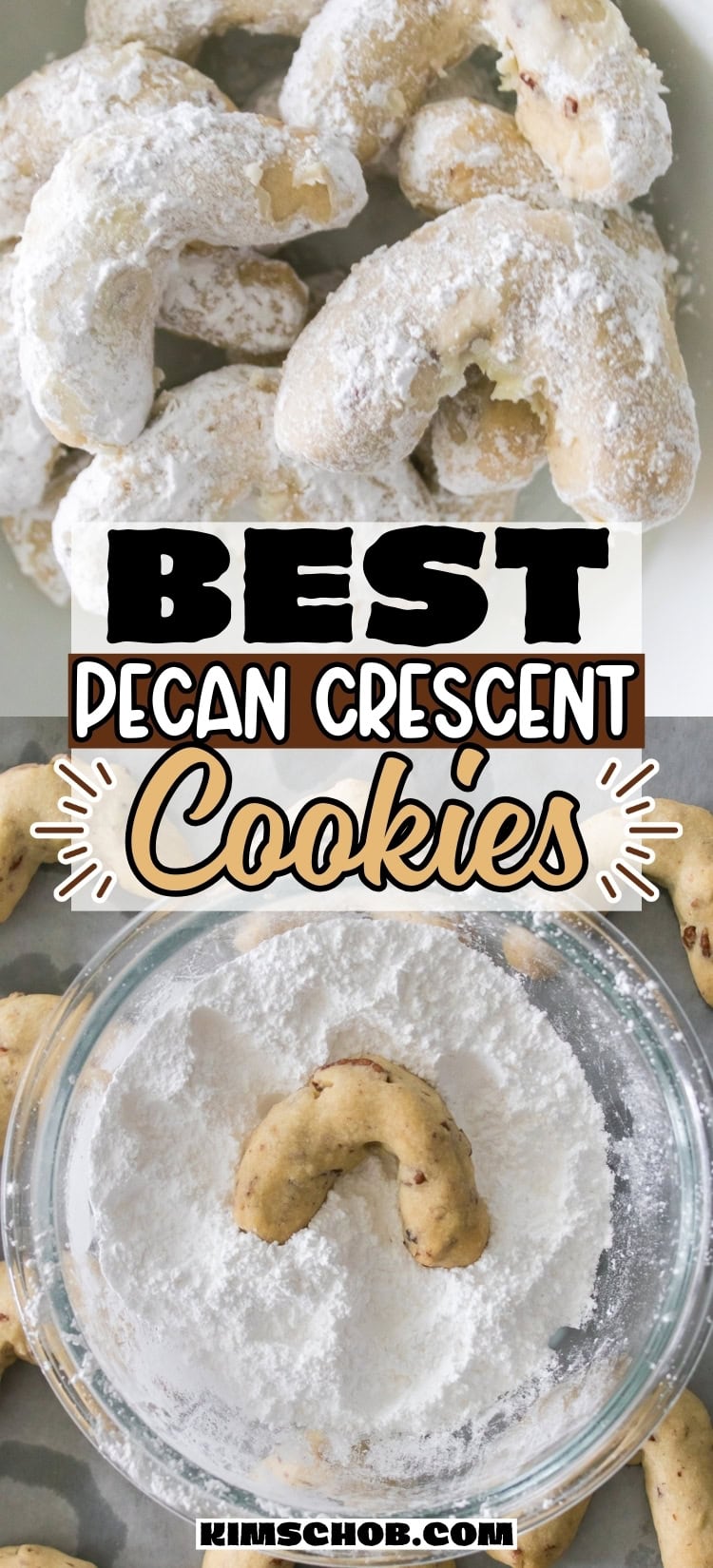 Pecan crescent cookies coated in powdered sugar on a plate.