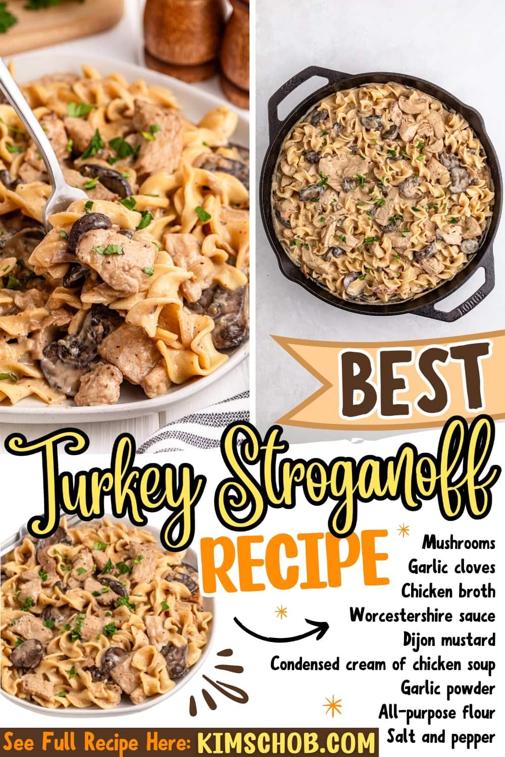 Turkey Stroganoff with noodles and mushrooms in a skillet and a plate.