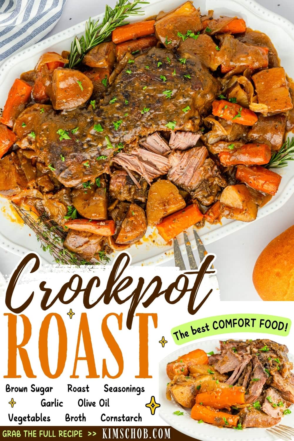 Plate of crockpot roast with carrots and potatoes.
