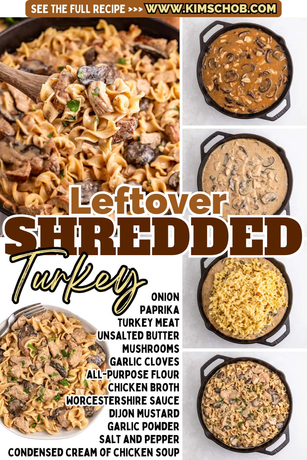 Leftover shredded turkey with creamy pasta and mushrooms.