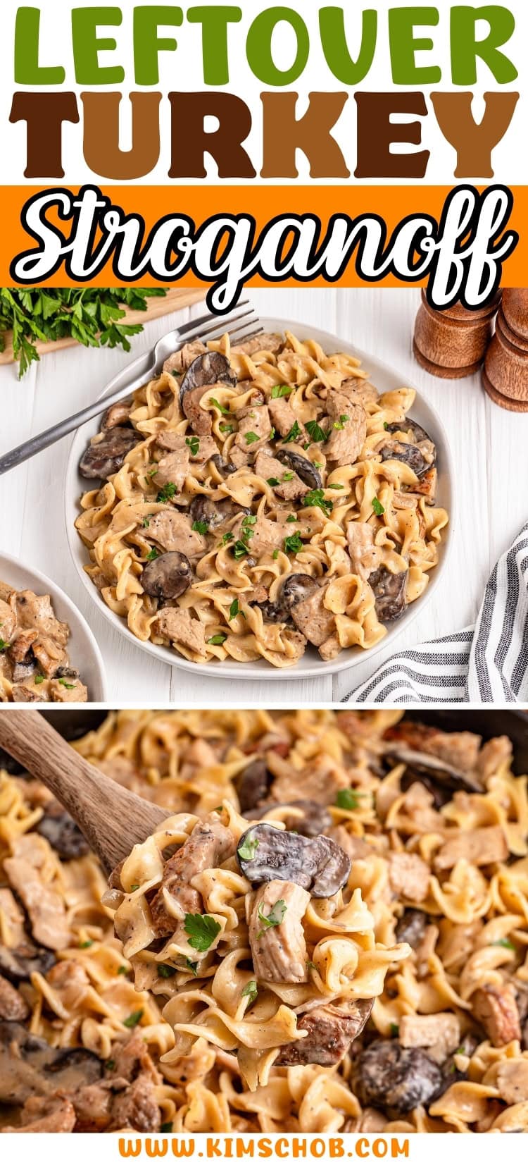 A plate of leftover turkey stroganoff with mushrooms and parsley garnish.