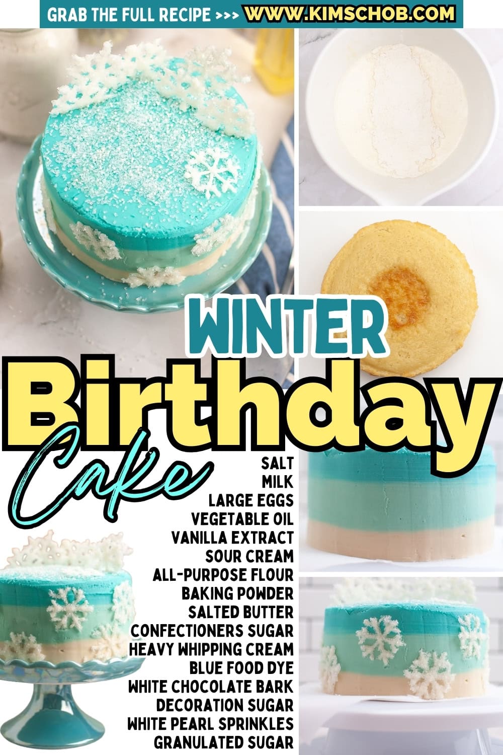 Winter-themed birthday cake with blue and white frosting, and snowflake decorations.