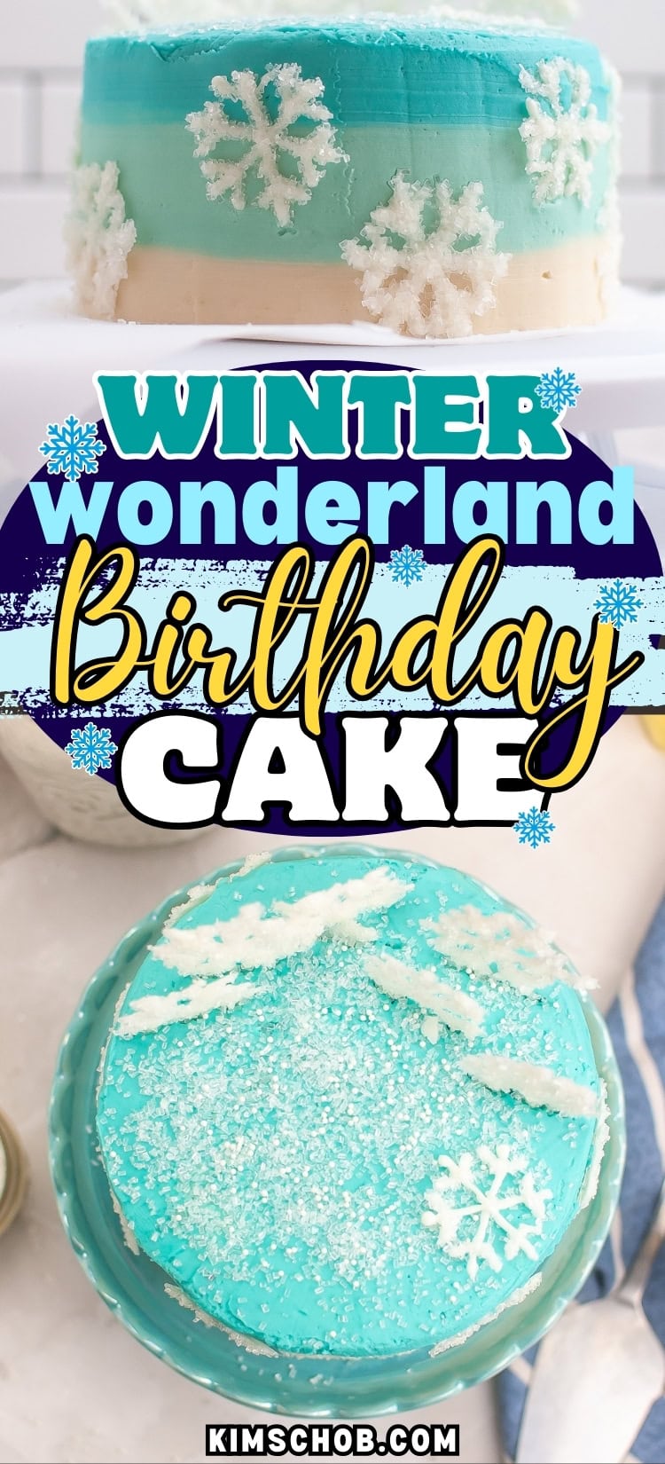 Blue and white cake decorated with snowflakes.