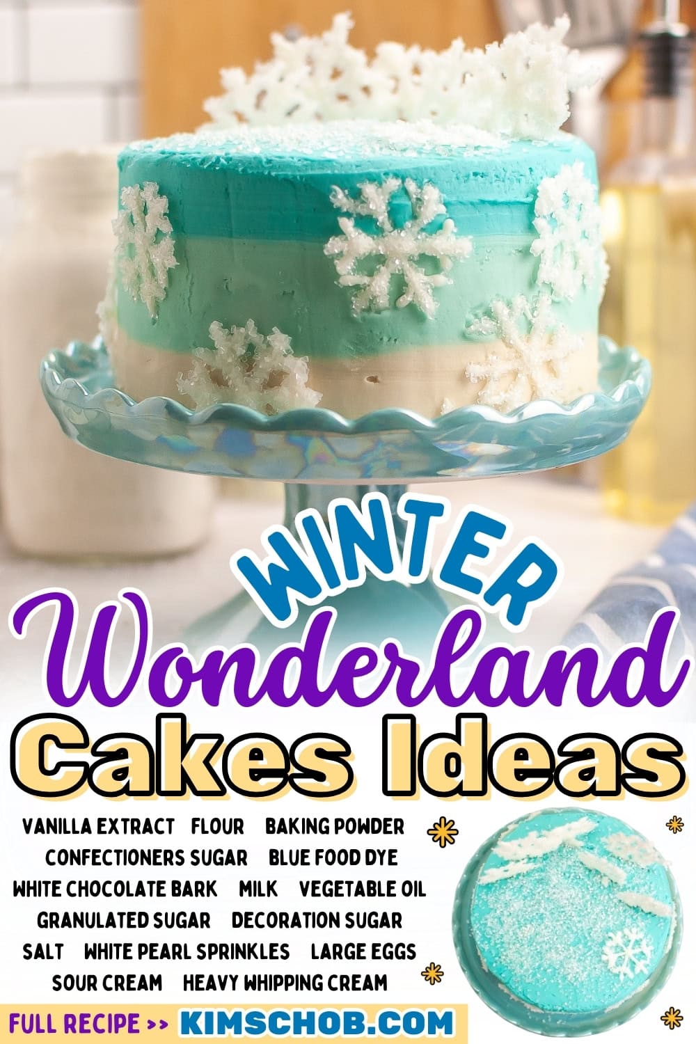 Winter-themed cake decorated with snowflakes on a blue stand.