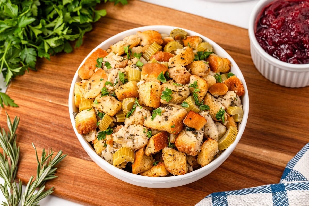 Bowl of stuffing with herbs.