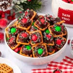 A bowl of rolo pretzels bites with sprinkles.