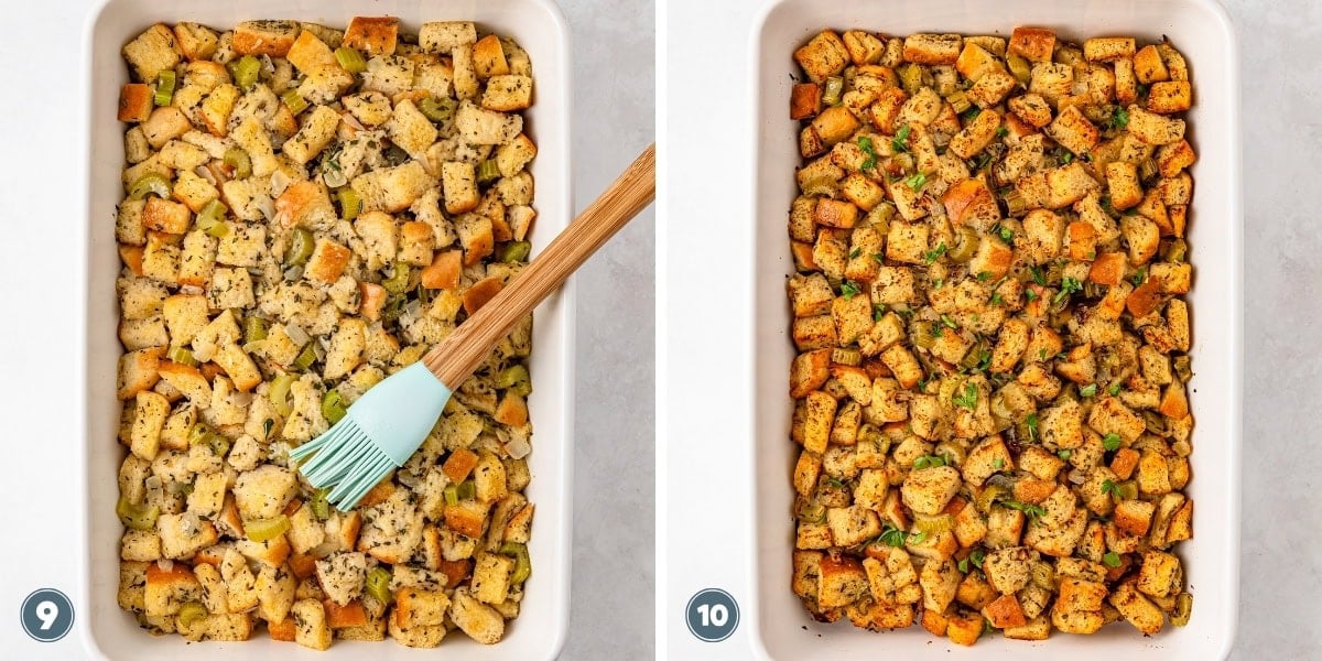 Two casserole dishes showing stuffing, before and after baking.