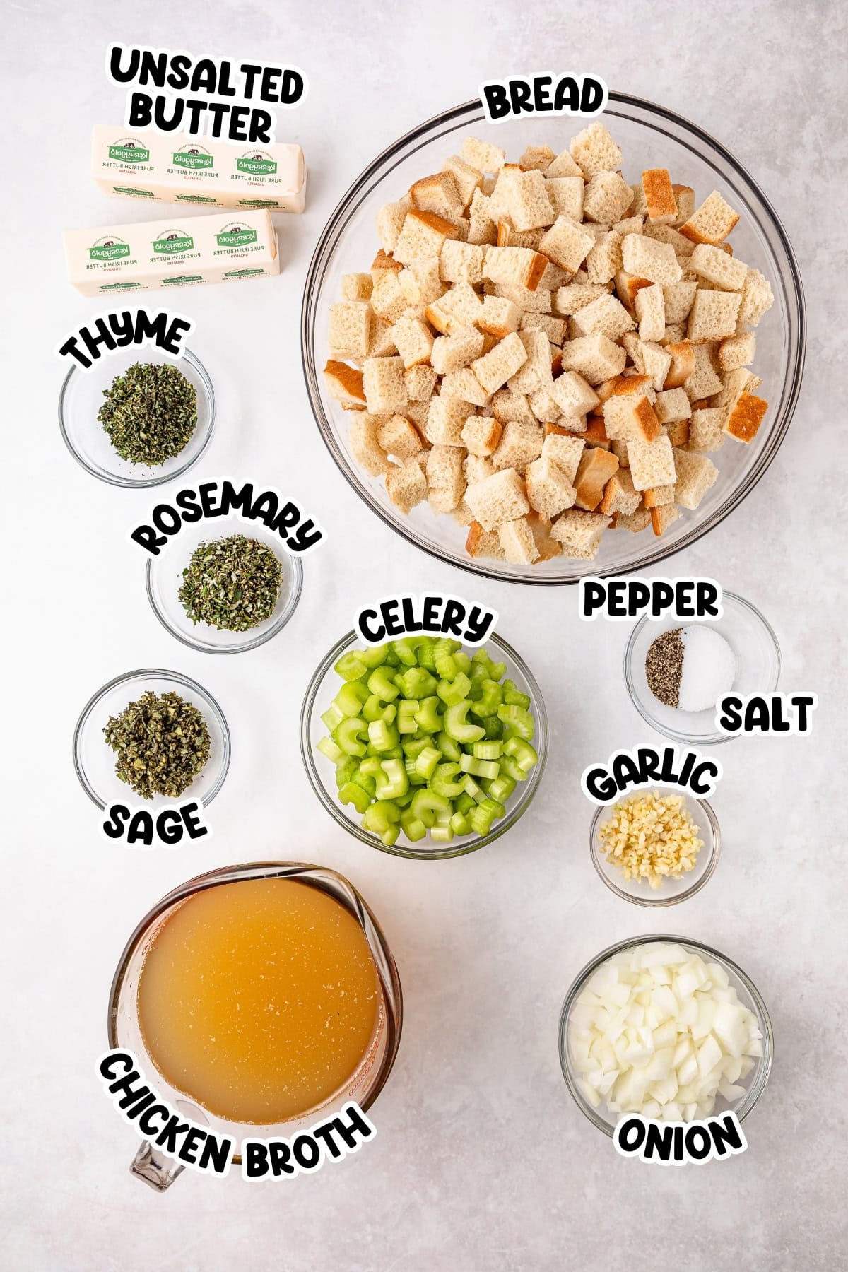 Ingredients for stuffing, including bread, herbs, celery, broth, butter, and onion.