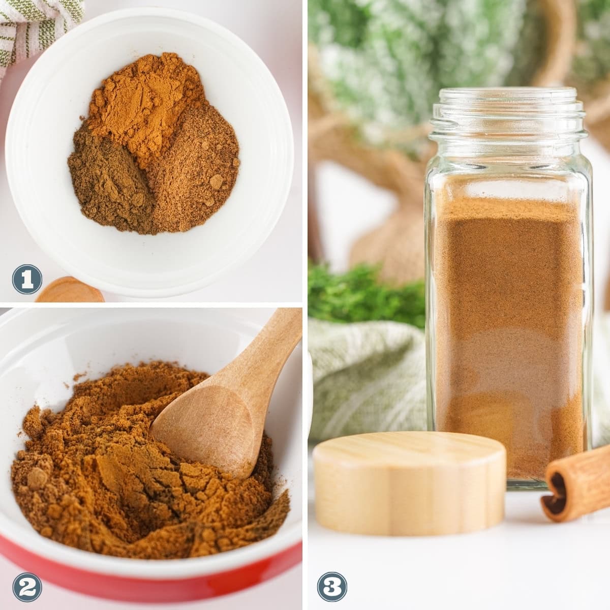 Spices in bowls and jar with wooden lid, alongside a cinnamon stick.