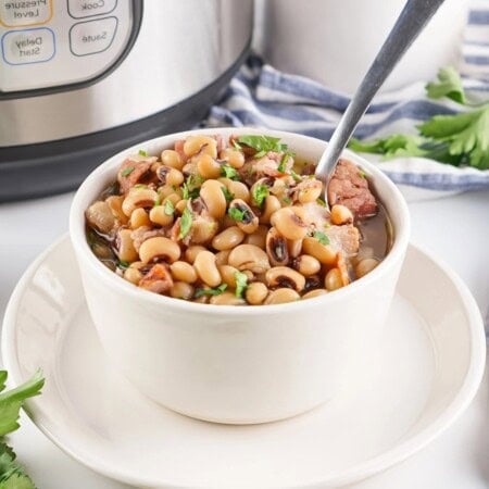 Bowl of beans with herbs and meat.