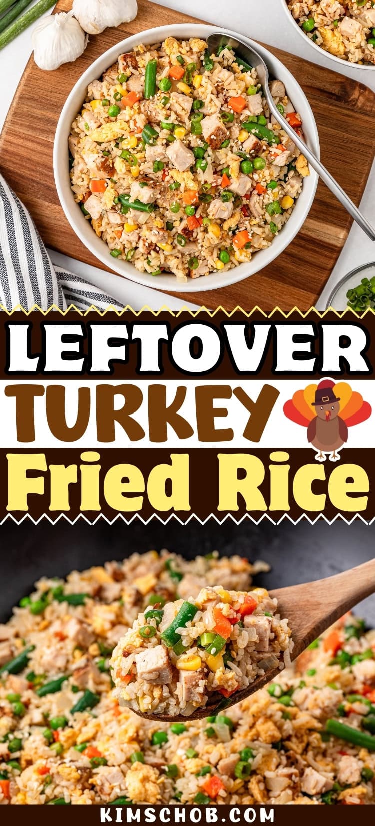 Bowl of leftover turkey fried rice with vegetables on a wooden board.