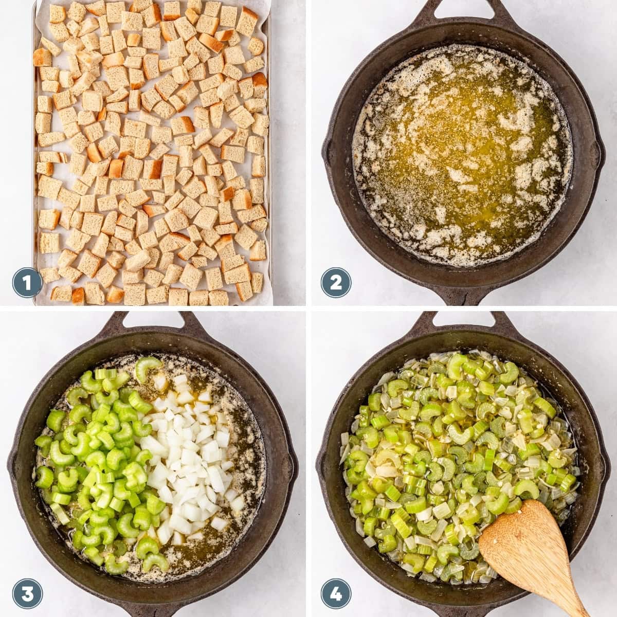 Steps for making stuffing: bread cubes and sautéed celery and onions in a pan.