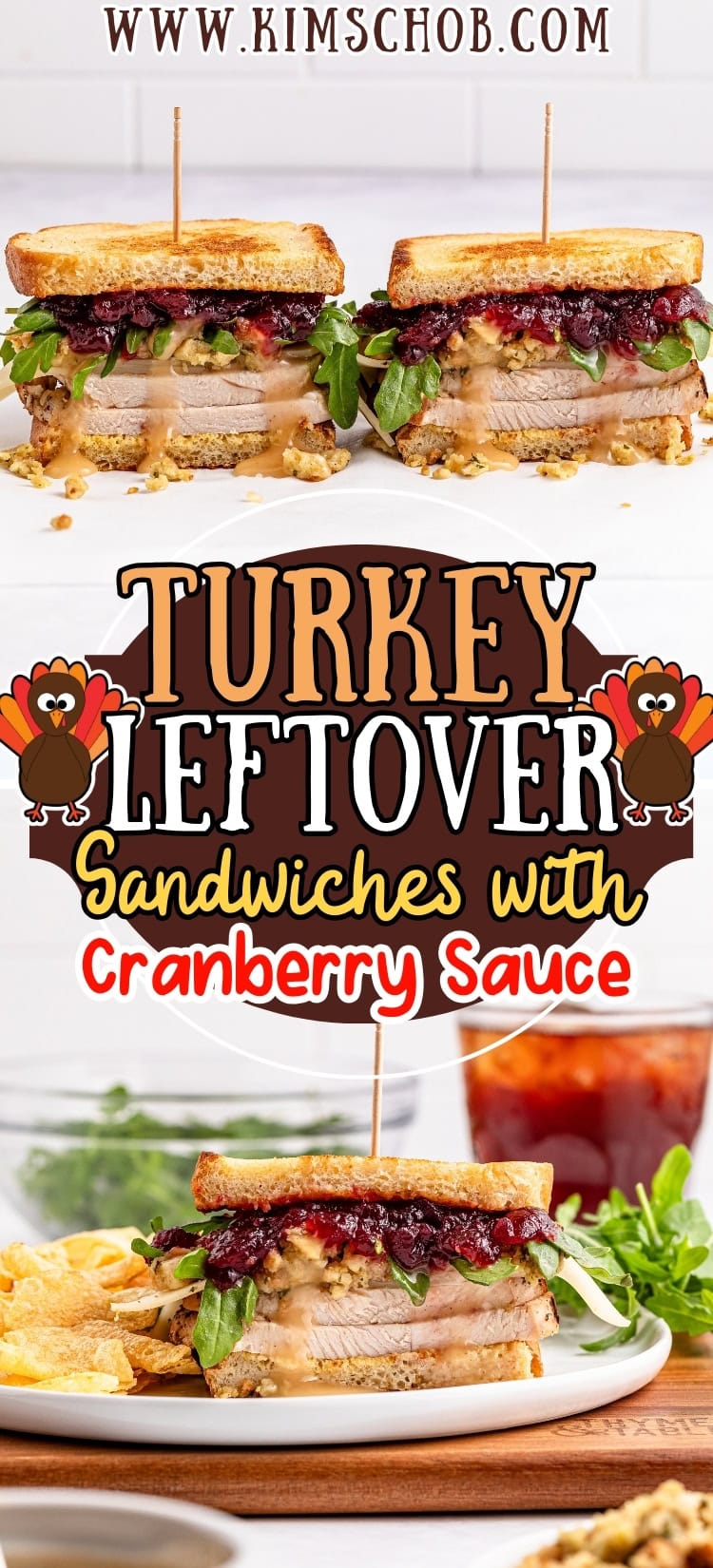 Turkey sandwiches with cranberry sauce on a plate, garnished with greens.