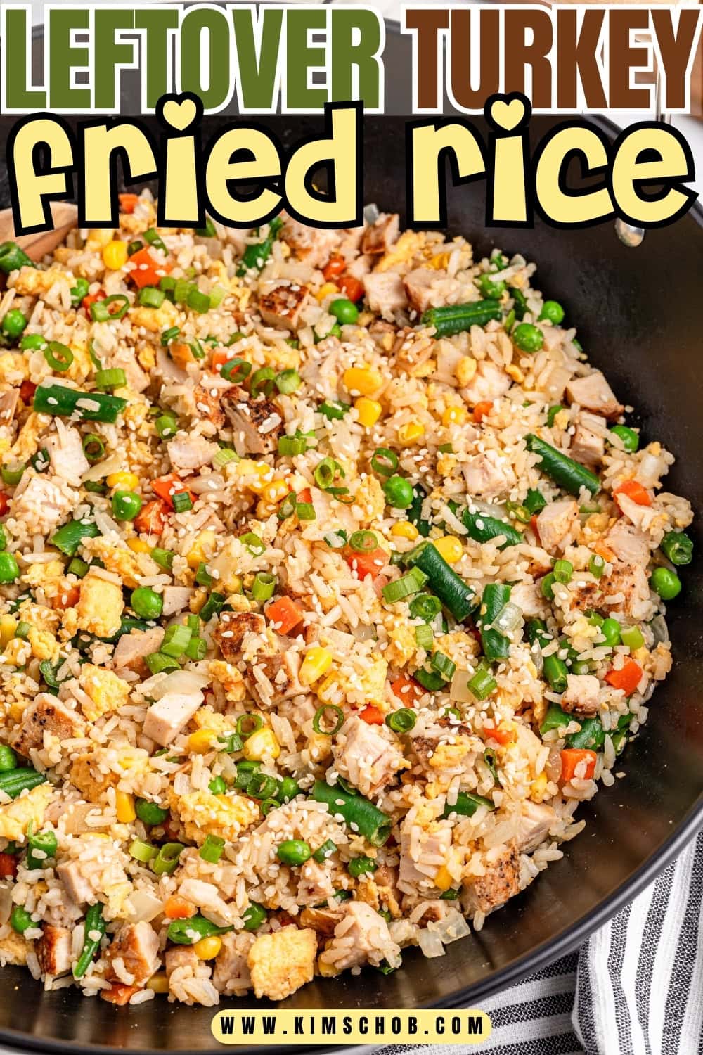 Colorful fried rice with turkey, vegetables, and garnishes in a pan.