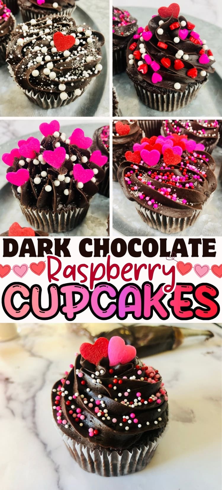 Chocolate cupcakes with heart and sprinkle decorations.