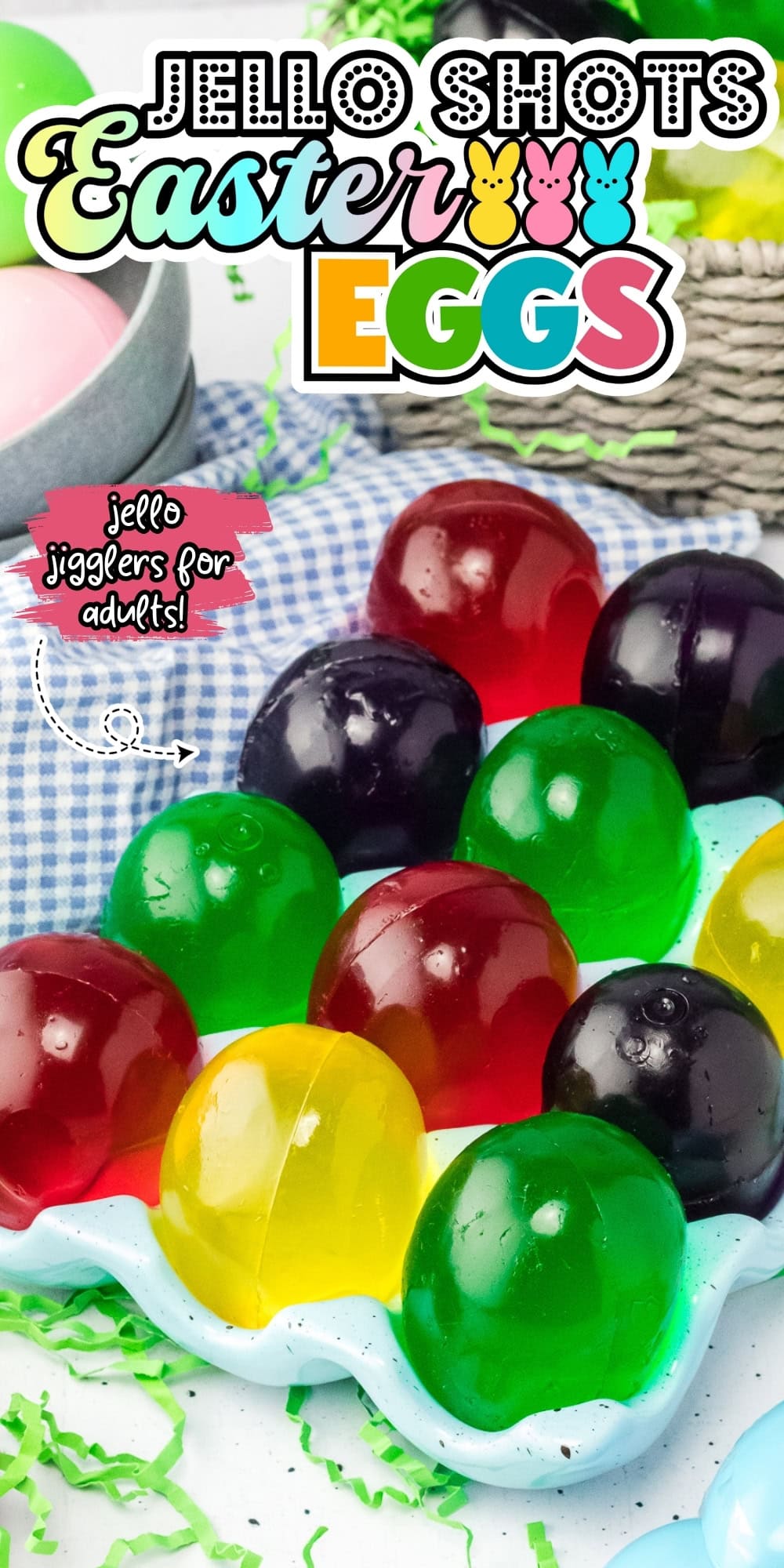Colorful jello shots shaped like Easter eggs.