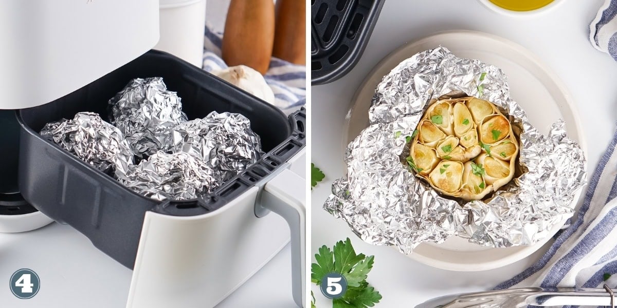 Foil-wrapped garlic bulbs in air fryer basket and cooked garlic on plate.