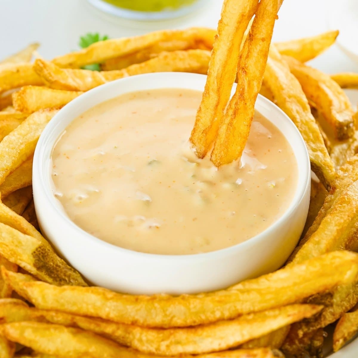 Fries dipped in animal style sauce in a white bowl, surrounded by more fries.