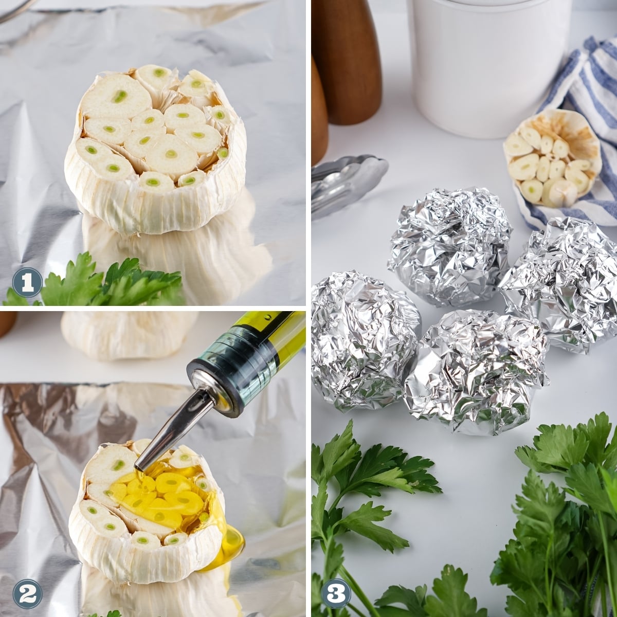 Garlic bulbs being prepared and wrapped in foil for roasting.
