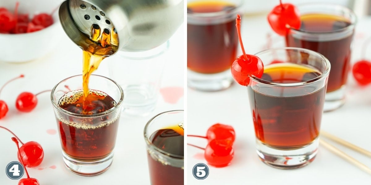Side-by-side of cocktails being poured and garnished with cherries.