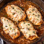 Cheesy baked chicken breasts in a savory sauce with herbs in a skillet.