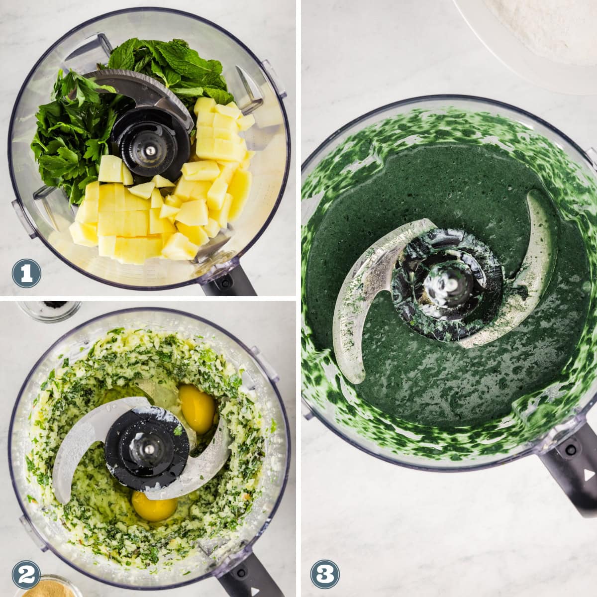 Blending green ingredients in a food processor for a recipe.