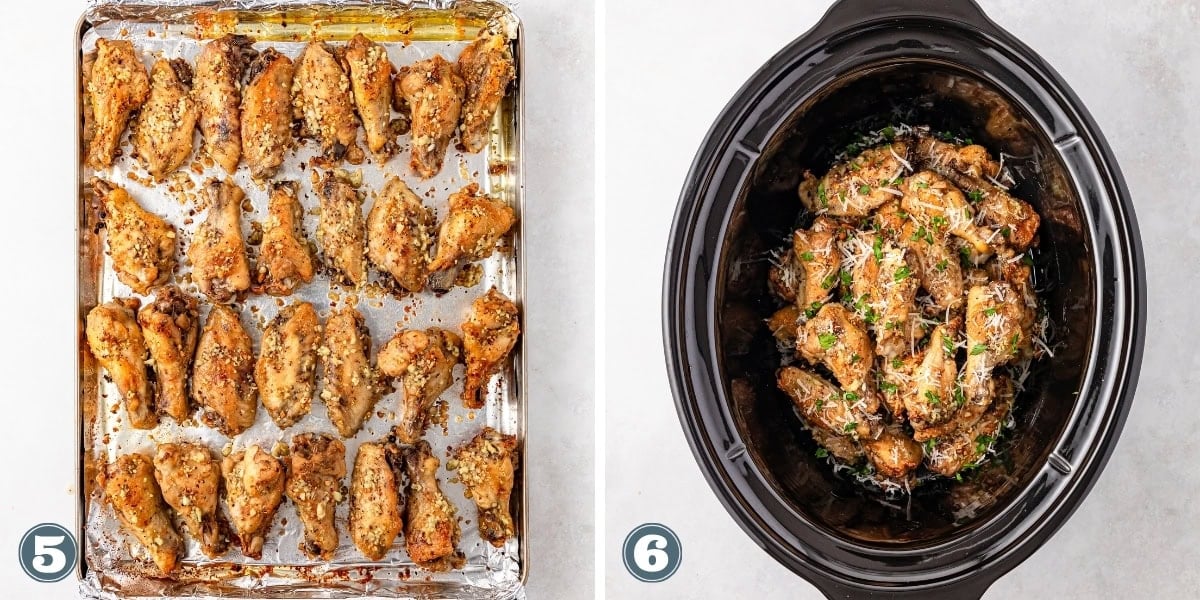 Baked chicken wings on foil and wings in slow cooker with herbs.