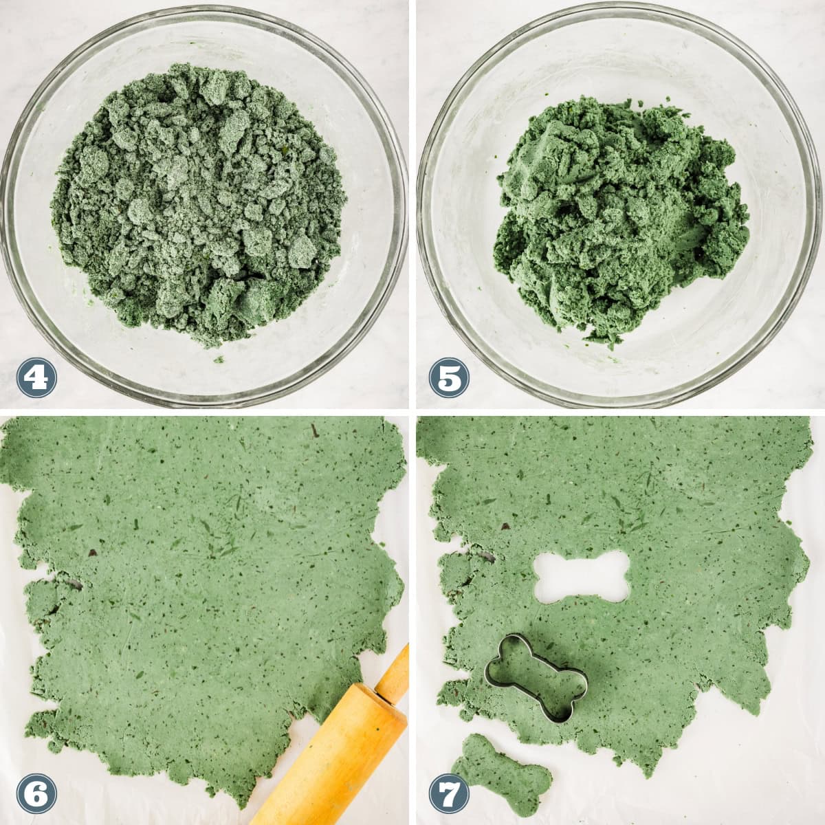 Green dough mixed, kneaded, rolled out, and cut with a bone cutter.