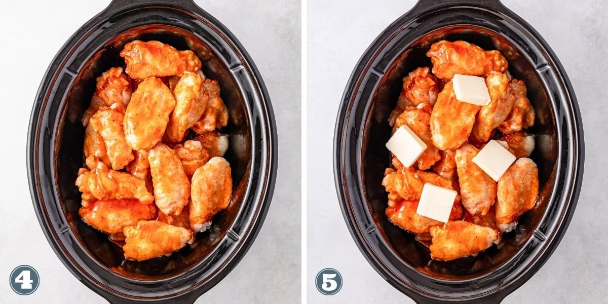 Chicken wings in a slow cooker, then topped with butter cubes in the next step.