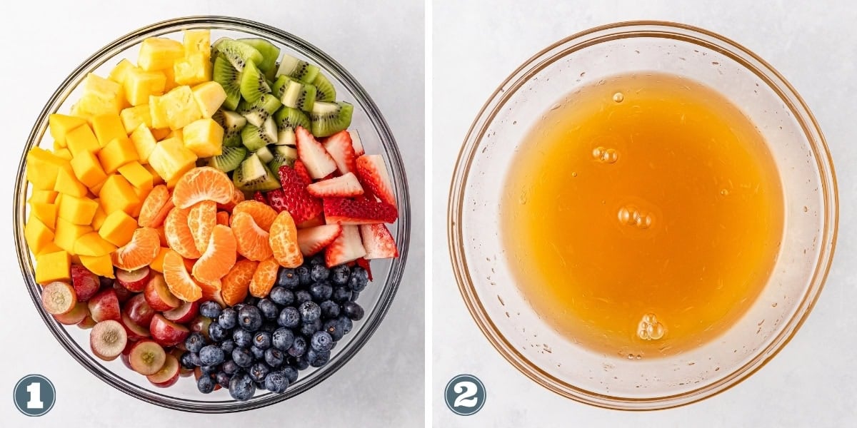 Bowl of mixed fruit beside a bowl of golden liquid, both on a white surface.