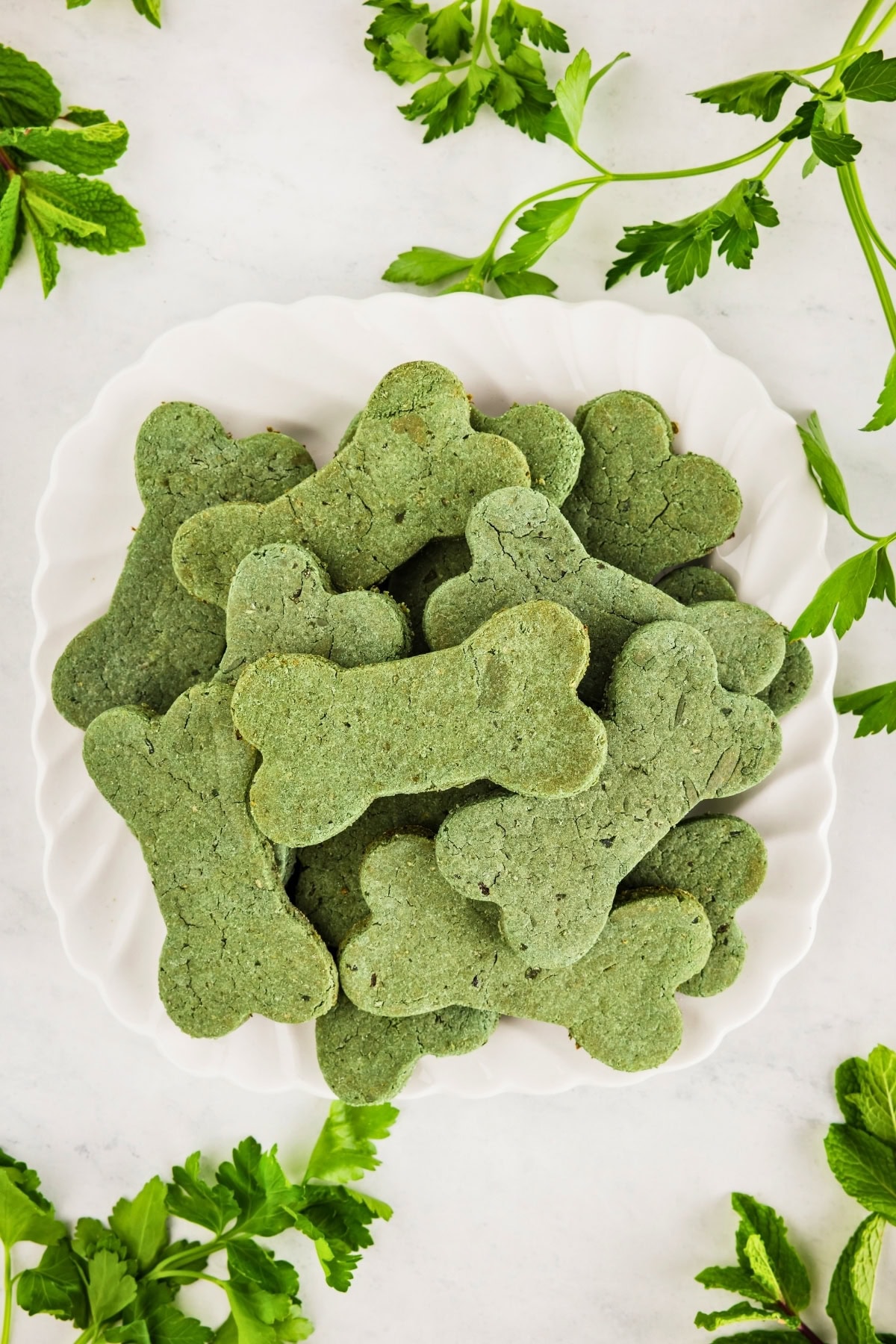 Green bone-shaped cookies on a white plate, surrounded by fresh green herbs.