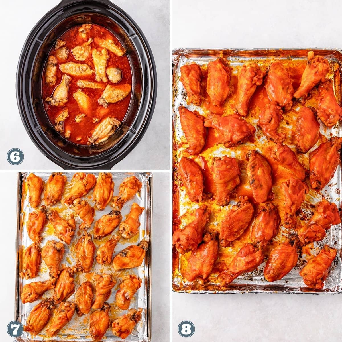 Chicken wings in sauce in a slow cooker and on foil-lined baking sheets, baked.