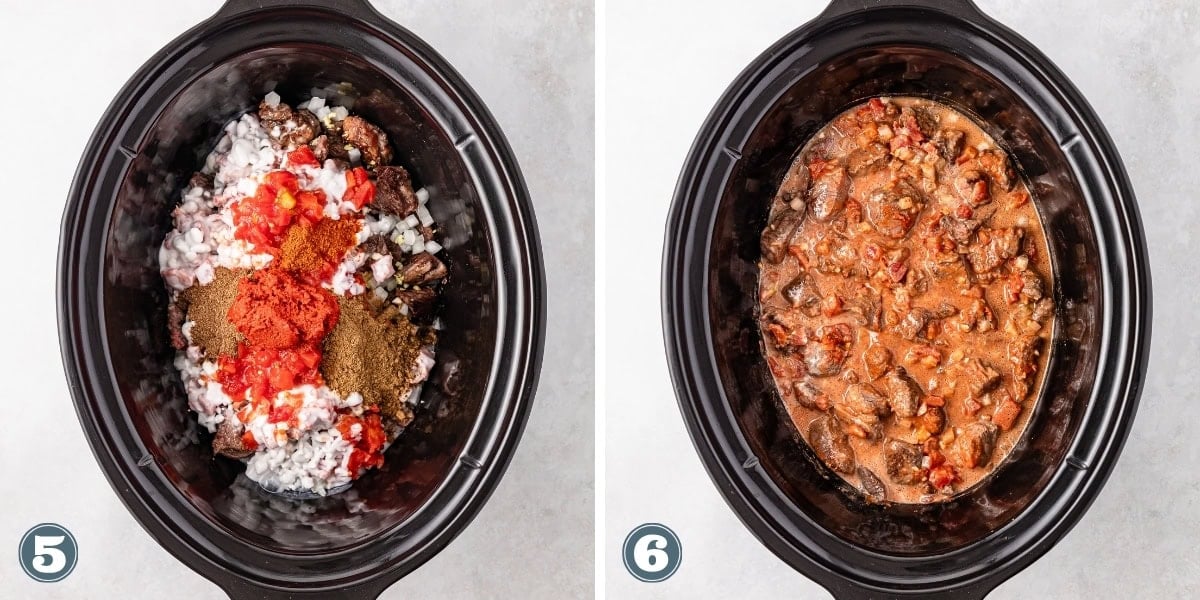 Two slow cooker images: step 5 with raw chili ingredients, step 6 with cooked chili.
