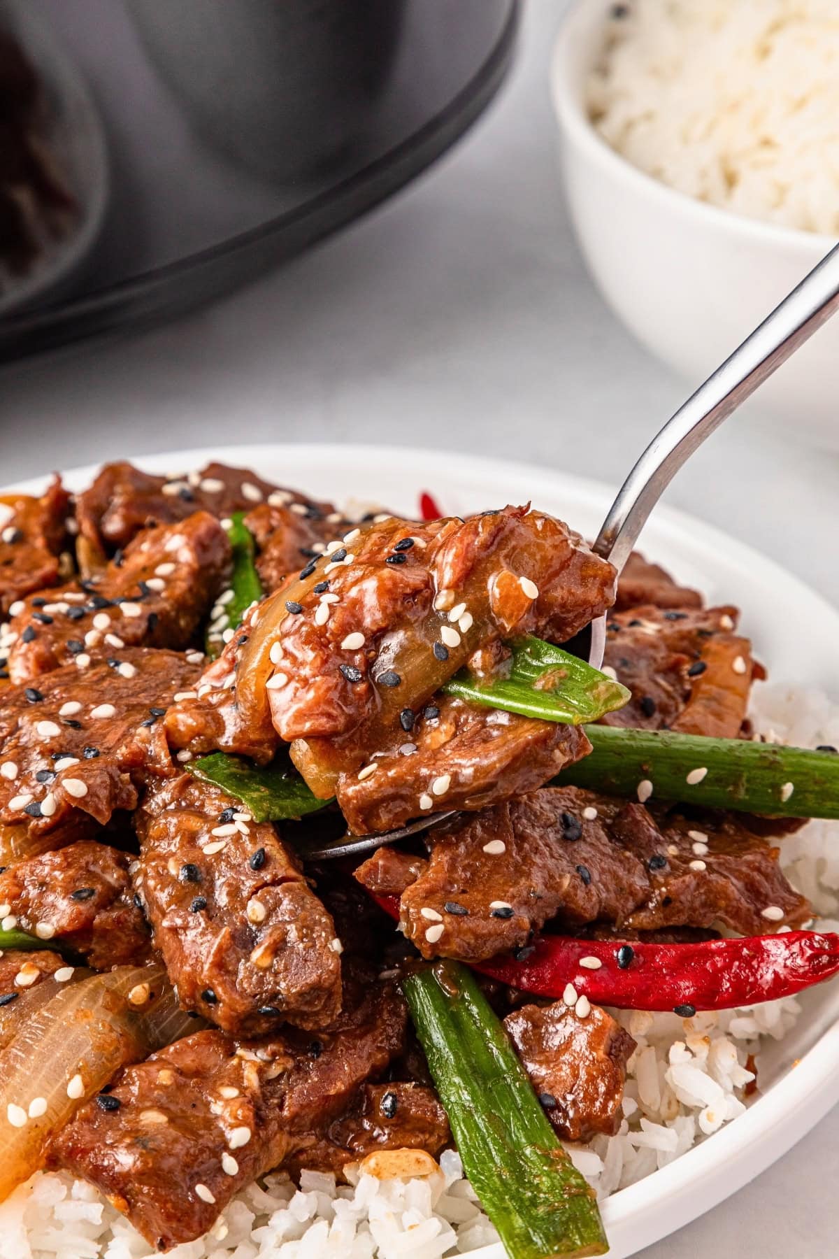Beef with vegetables and sesame seeds served over white rice.