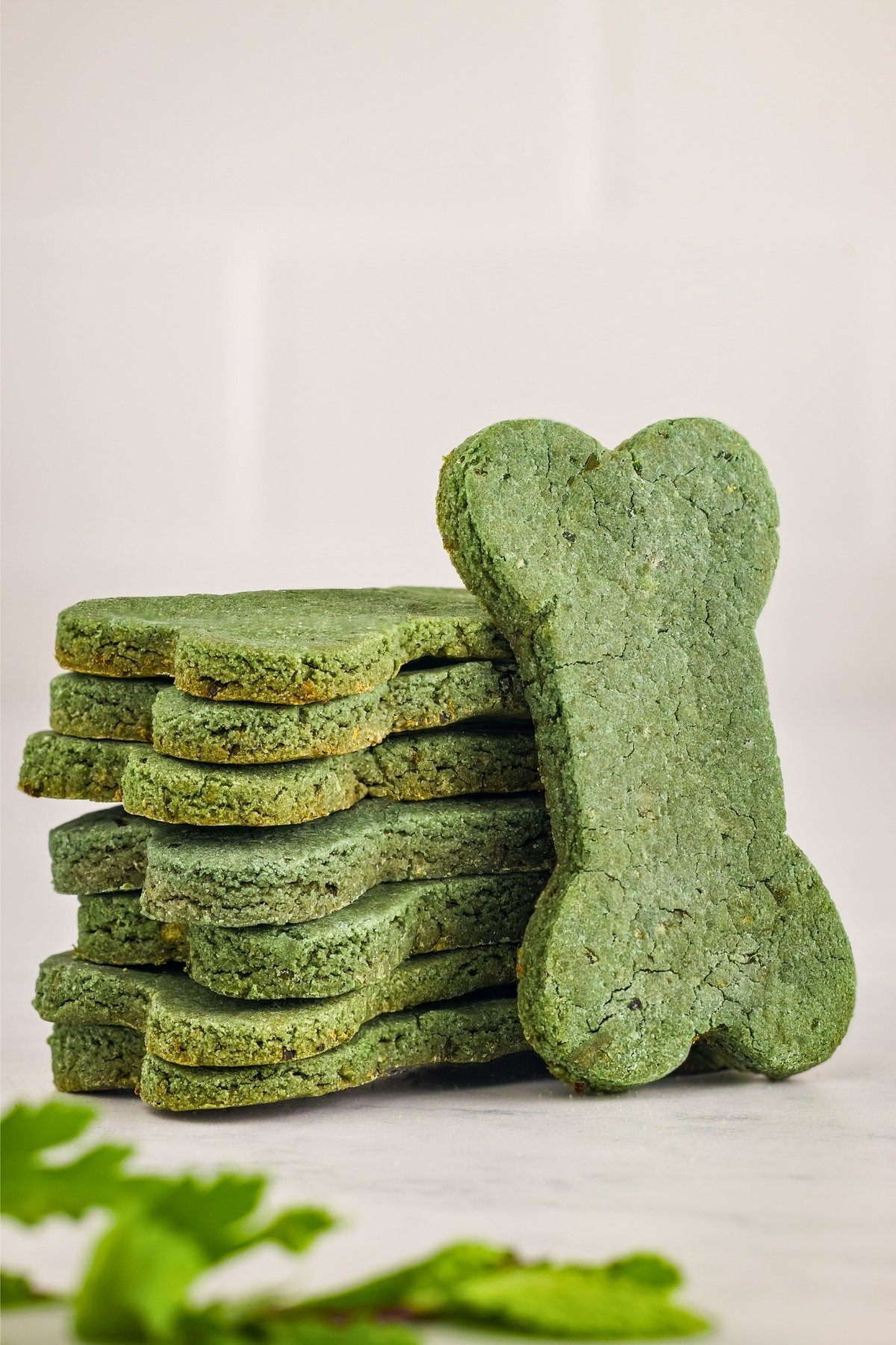 A stack of green, bone-shaped dog treats on a white surface.