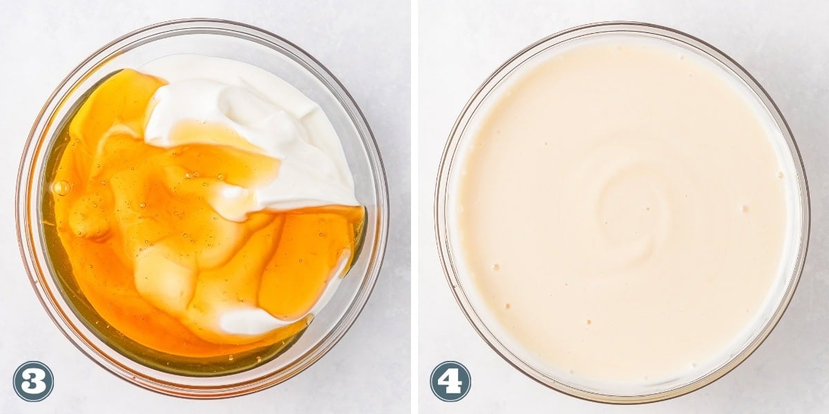 Yogurt and honey in a bowl, and mixture blended smooth in a bowl.