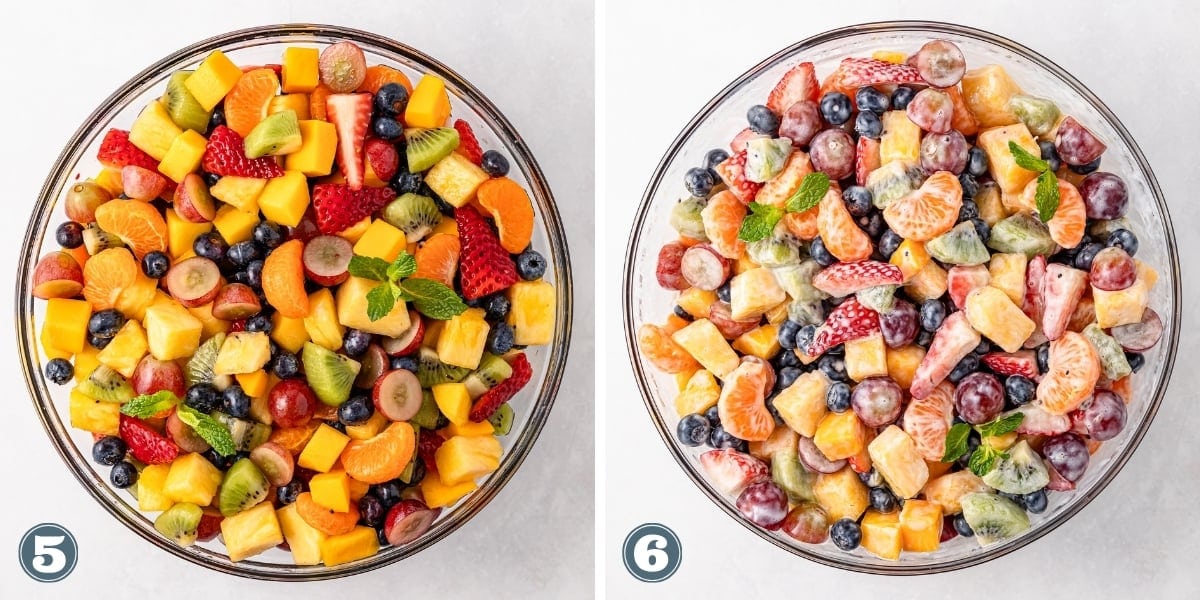 Two bowls of colorful fruit salad, one plain and one mixed with a creamy dressing.