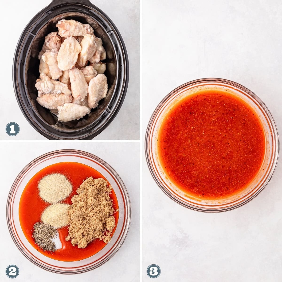 Raw chicken wings in a slow cooker and buffalo sauce ingredients in bowls.