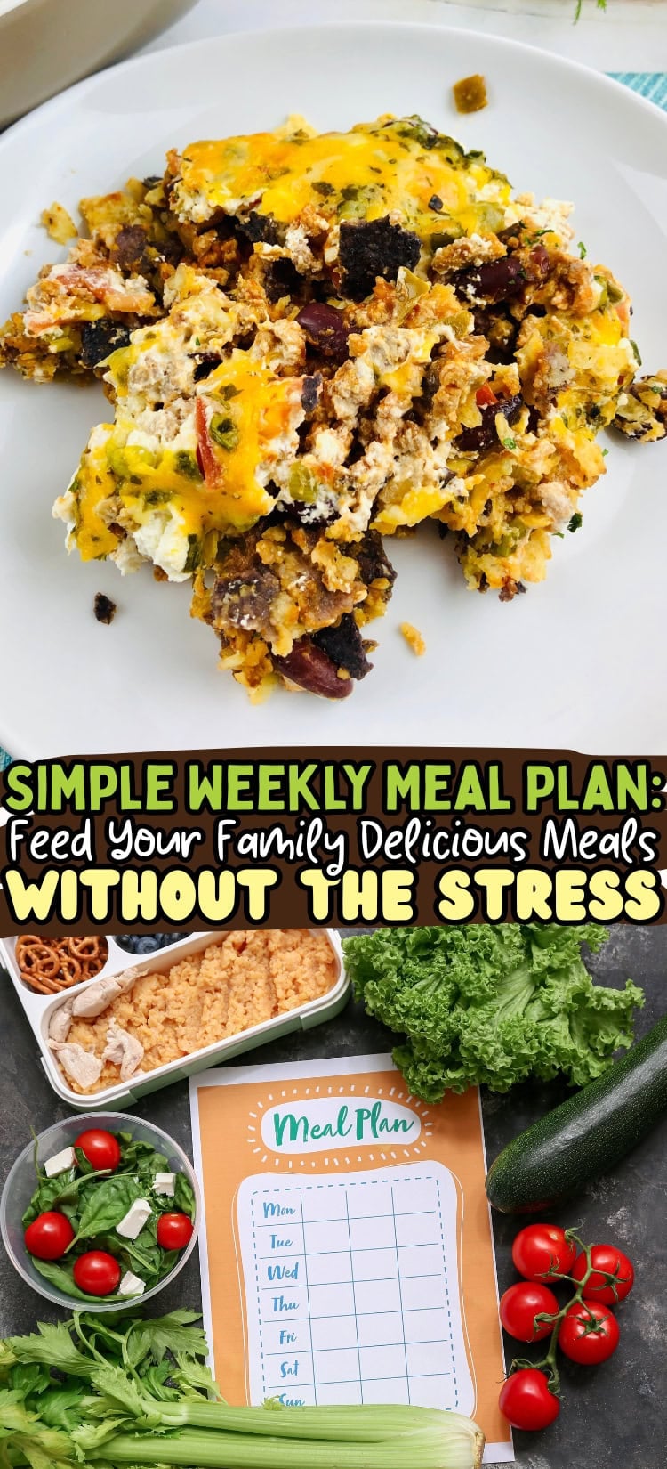 A plated casserole and meal planning sheet with vegetables displayed.