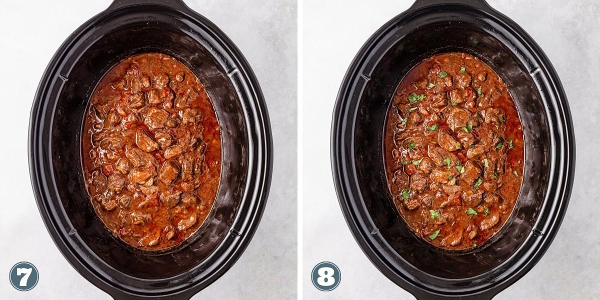 Two slow cookers with beef stew inside, one with garnish.