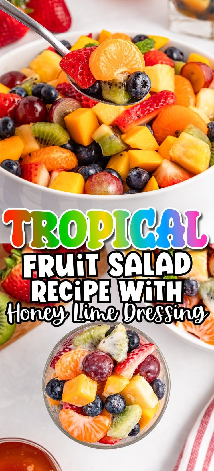 A colorful tropical fruit salad with strawberries, kiwi, blueberries, and grapes.