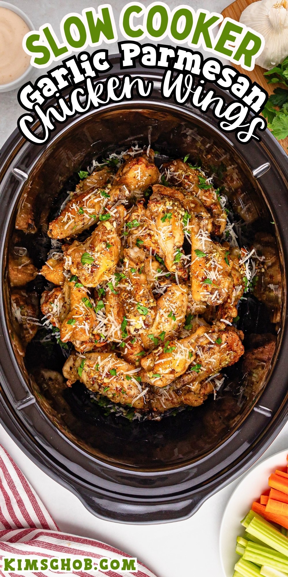 Slow cooker garlic parmesan chicken wings garnished and ready to serve.