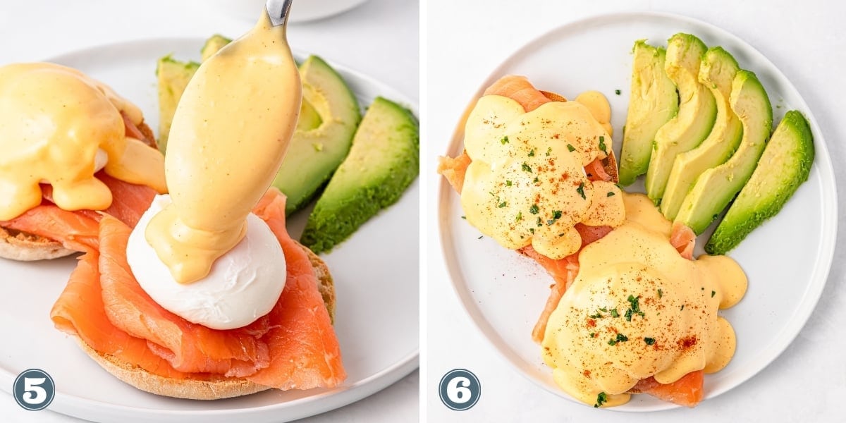 Poached eggs and smoked salmon on English muffins with avocado and hollandaise sauce.