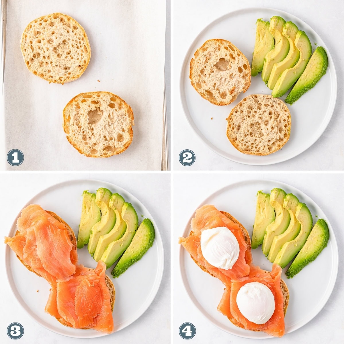Step-by-step assembly of an English muffin with salmon, avocado, and poached eggs.
