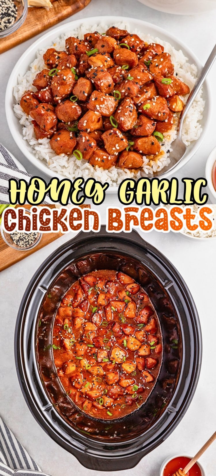 Honey garlic chicken breasts served over rice and cooked in a slow cooker.