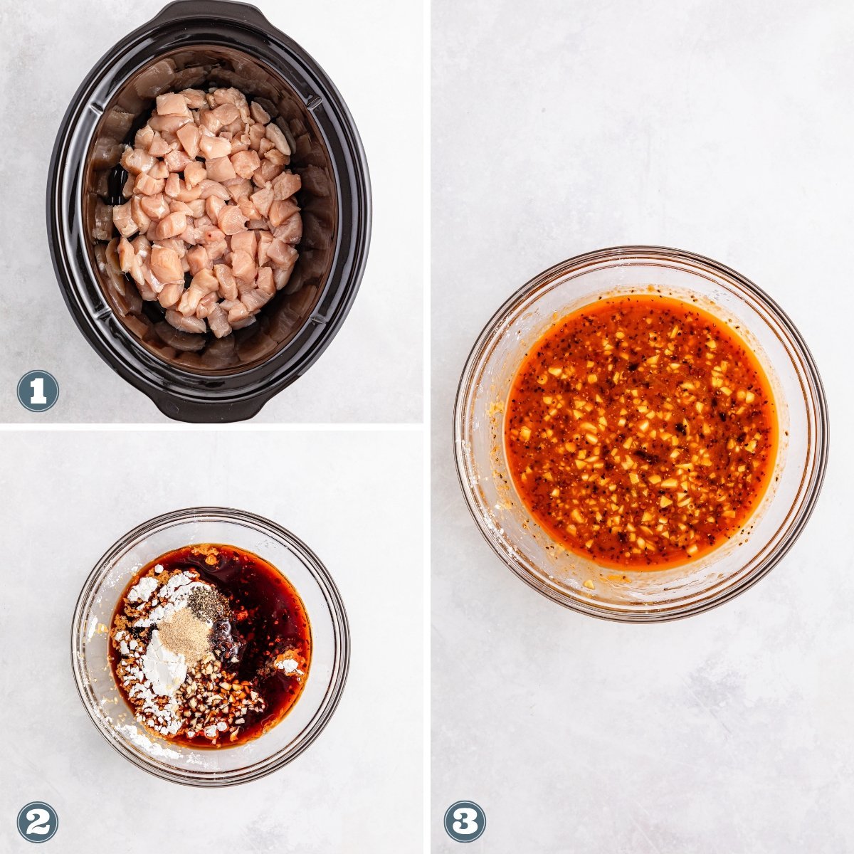 Three-step process: diced chicken in slow cooker, sauce ingredients, mixed sauce.