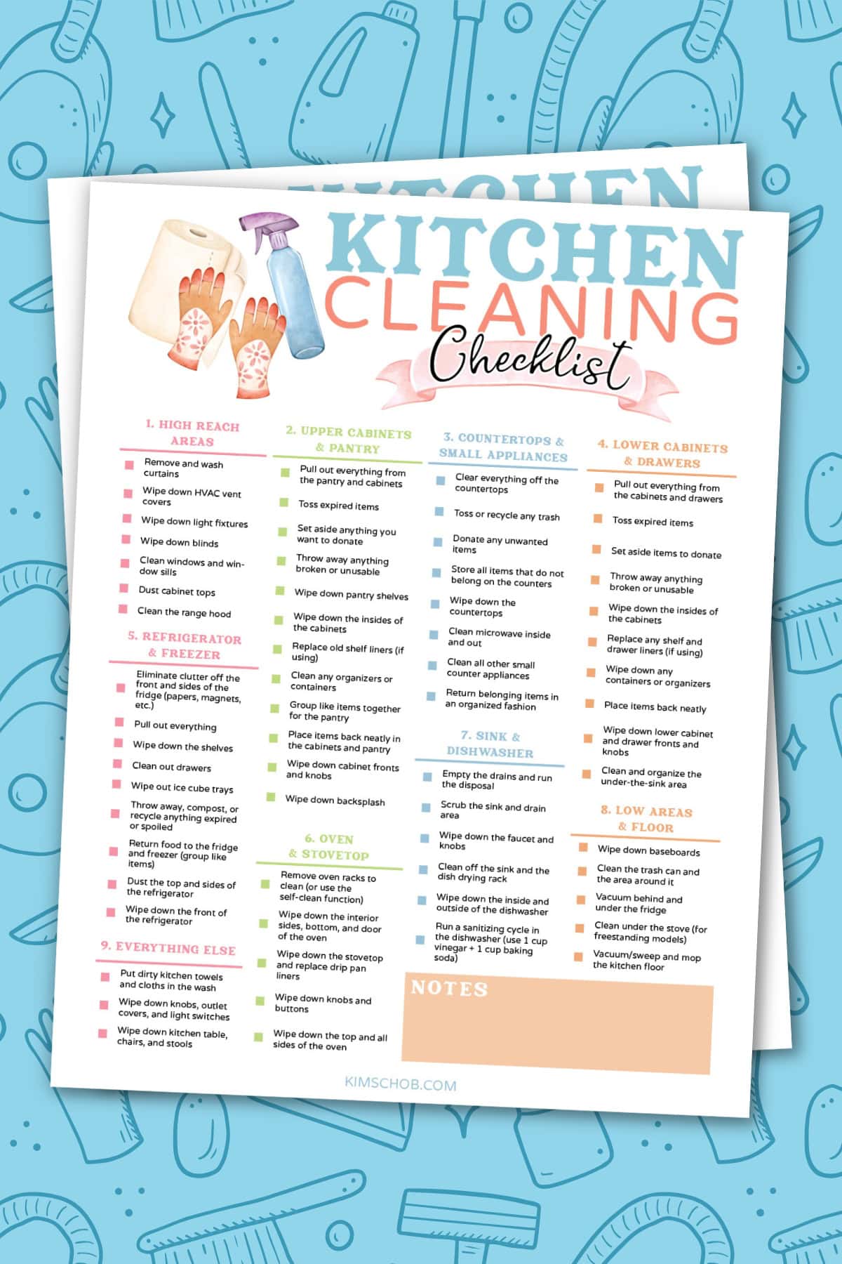 Colorful kitchen cleaning checklist with organized, color-coded task lists.